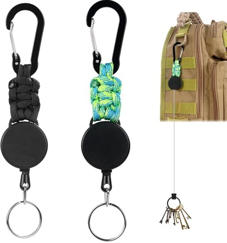 OUSUWO 2 llaveros retráctiles, cordón trenzado con mosquetón, soporte extensible para tarjetas de identificación para uso portátil (camuflaje verde negro)