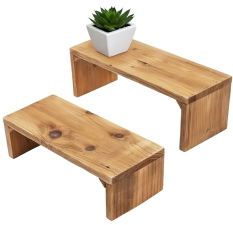 Spetebo Set di 2 panche per fiori in legno riciclato, naturale, 35/30 cm, legno autentico, supporto rettangolare per piante, podio per piante, mini panca in legno, sgabello decorativo