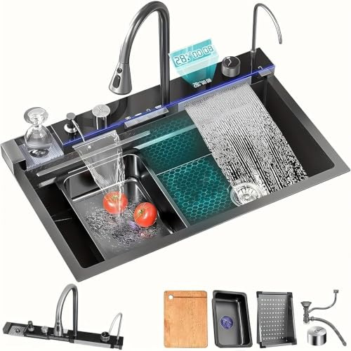 LUMS Fregadero de Cocina Multifuncional Acero Inoxidable Negro, Fregadero 1 Seno con Grifo Cascada, Pantalla Digital y Luz LED, Incluye Lava Vasos y Accesorios
