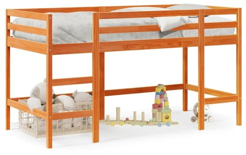 XHNIFBN Lettino a soppalco per bambini, 90 x 190 cm, in legno massello marrone cerato, con scaletta e ringhiera di sicurezza su 4 lati, spazio sotto la superficie per camera dei ragazzi e piccoli