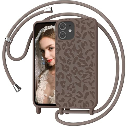 Mosoris Handyband für iPhone 12 Mini/13 Mini Hülle mit Band, Leopardenmuster Silikon Handyhülle mit Kette, Necklace Schutzhülle zum Umhängen Kordel, Liquid Silikon Case für iPhone 13 Mini, Kahki