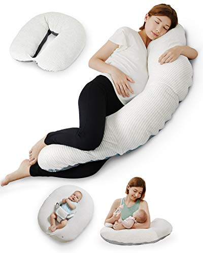 Unilove Hopo 7-in-1 Pregnancy & Nursing Pillow - Pregnancy Pillows for Sleeping - Pregnant mom Gift Essentials for Breastfeeding, Side Sleeping - 2 Washable Covers - White Gray