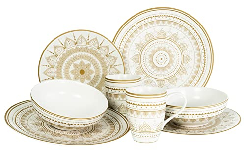 CreaTable, 23597, Serie MANDALA GOLD - weiss, 8-teiliges Geschirrset für 2 Personen, Kombiservice aus Steinzeug, spülmaschinen- und mikrowellengeeignet, Qualitätsproduktion