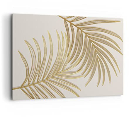 Wandbilder Dekoration Wohnzimmer Golden Blätter Palmen Bilder auf Leinwand 120x80cm Leinwandbild Schlafzimmer Küche Deko Wand Kunstdruck Art Groß XXL Wanddeko Bild Wall Decor Canvas AA120x80-4738