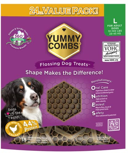 Yummy Combs Dog Dental Treats – Vet VOHC Approved – Delicious Chicken Protein – Removes Tartar with Cleaning Comb Shape – Dental Dog Treats for Large Dogs (24oz, 18 Count)