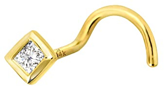 22G 14K Yellow Gold Cork Screw Nose Stud Bezel Set 0.035ct Princess Cut Diamond - April Birthstone Nose Ring - LSYG_PWD15