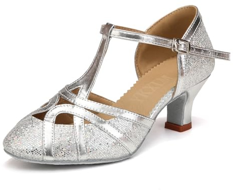 YKXLM Chaussures de Danse Latine Femme Standard Salsa Bachata Paillettes Bout Fermé Chaussures Danse Tango de Salon,Talon 5 cm,Argent,EU 38.5