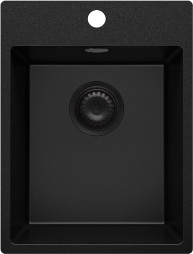 PRIMAGRAN Lavello da Cucina Tutto Nero 38x50cm, Lavandino in Granito a 1 vasca + Sifone Classico, Lavabo Incasso al mobile 40cm - Riga S007