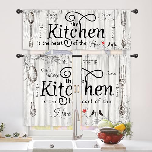 Riyidecor Black White Kitchen Curtains and Valances 3 Piece Set for Windows Rod Pocket 36 Inch Short Small Window Sets Rustic Fork Spoon Country Farmhouse Country Bedroom Living Room Treatment Fabric