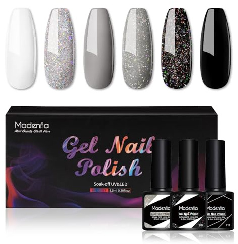 Madenia UV Nagellack Schwarz, 6 Farben Glitzer Schwarz Weiß Grau Lichtgrau Gel Nagellack Set Soak-Off, UV Gel Nagellack Maniküre Set für Nail Art Salon Home DIY, 8.5ML