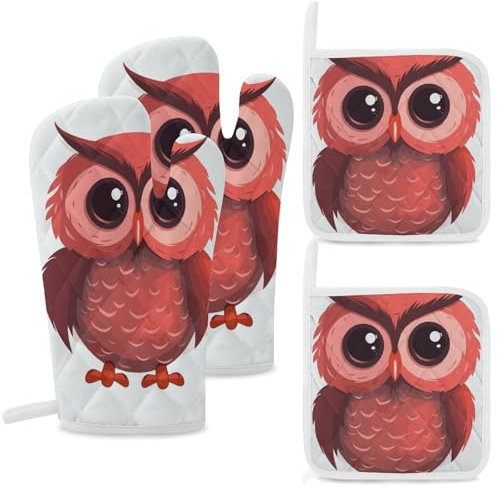 Lot de 4 gants de cuisine et maniques résistants à la chaleur - Motif hibou rouge - Gants de cuisine pour la cuisine et les grillades