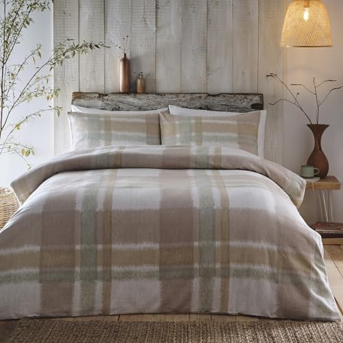 Appletree - Natural & Sage Green Flannelette Duvet Cover - Single Bedding Size (140 x 200cm) - Super Soft 100% Brushed Cotton - Light Brown & Green Tartan Bedding - Checkered Duvet Set - Plaid Bed Set