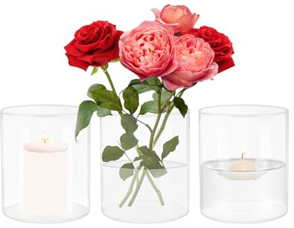 3 pièces de 8,5 x 10 cm Vase en verre cylindrique, petites vases en verre, vase en verre transparent pour fleurs, vase de table pour fleurs, bougies en bloc, bougies flottantes, verdure