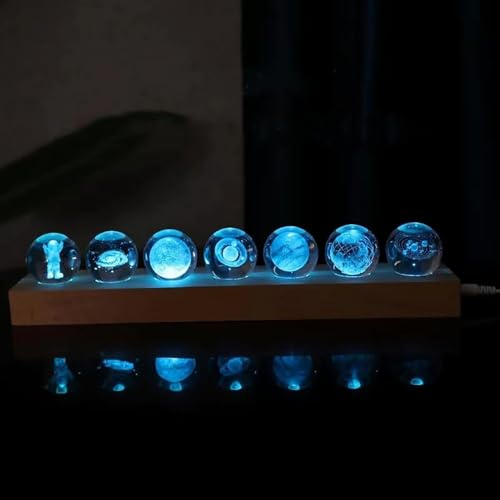 FIYSON Bola de cristal 3D, luz nocturna USB de 40 mm, galaxia LED, 7 unidades, sistema solar, bola de cristal con base de madera, lámpara de noche para Navidad/cumpleaños, astronomía regalo (B)