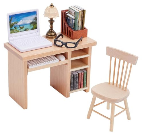 FREEBLOSS 18Pcs Miniature Dollhouse Furniture Set Dollhouse Table Chair Set with Mini Books Laptop Bookcase and Lamp Doll House Furniture and Accessories Set Suitable for Age 14+