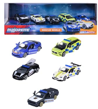 Majorette Auto-Set Rescue World (5 Autos) - 5 Internationale Polizeiautos aus Metall mit Freilauf, Federung & beweglichen Teilen, Polizei-Spielzeug für Kinder ab 3 Jahre, je 7,5 cm