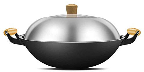 GAOAZHEN Padella Antiaderente binaurale Non Rivestita, Padella in Ferro Multifunzionale, Padella in ghisa per Uso Domestico Tradizionale e Sana, Padella Antiaderente, Wok a Fondo Tondo, 34 cm