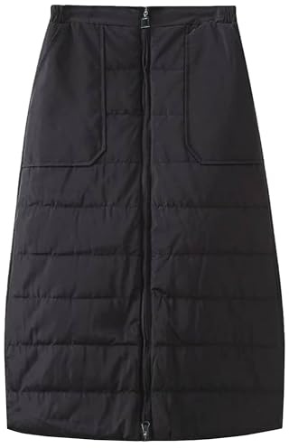Shiyifa Womens Quilted Puffer Skirt Winter Insulated Down Long Skirt Warm Zip Front Padded Skirt with Pockets(Black-M)