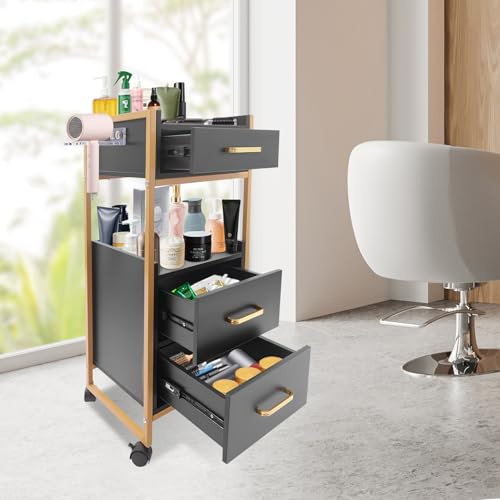 Carro de aseo con ruedas, 3 cajones y soporte para el secador, carrito auxiliar, carrito de peluquería con armario, moderno carrito de trabajo para baño, salón (negro)