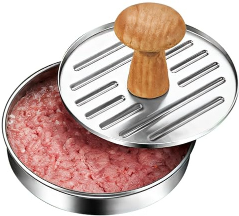 byepica Prensa de hamburguesas de acero inoxidable con mango de madera, diseño fácil de limpiar, 6,5 cm y 6,48 cm