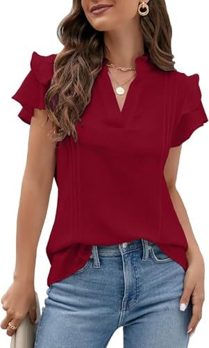 Placitiume Blusas elegantes e informales para mujer, con cuello en V, manga con volantes, elegantes camisas de trabajo para negocios, granate, XXL