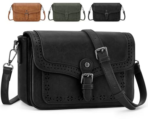 RAINSMORE Crossbody Bags for Women Openwork Ladies Cross Body Handbag Shoulder Bag Satchel Bag Vintage Casual Bag PU Leather for Daily Shopping Work