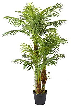 Palmera artificial de areca hawaiana, 180 cm de alto, tres ramas con material de fibra de palma auténtica y muchas hojas en maceta