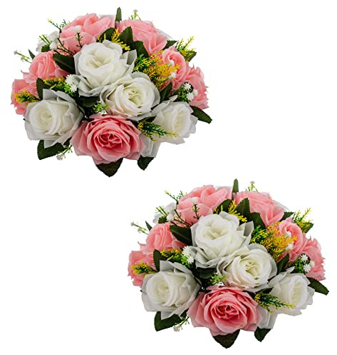 LANLONG 2 PCS Fake Flower Ball Arrangement Bouquet, 15 Heads Plastic Roses with Base, Artificial Flower for Wedding Bouquets Centerpieces Party Valentine's Day Home Decor