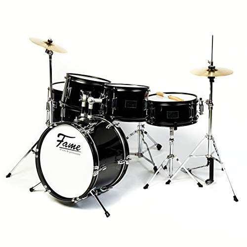 Fame Schlagzeug, 5-teiliges Set mit Becken und Hardware, schwarze Spannreifen, verchromte Spannschrauben, einstellbare Sitzhöhe - Piano Black, ideal für Einsteiger