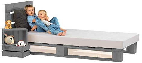 sunnypillow 90x200 cm Palettenbett mit Kopfteil Grau Massivholzbett Bett aus Paletten Palettenmöbel Fichte europalette Anthrazit Grau 80 90 100 120 140 160 180 200 220 240 x 200cm