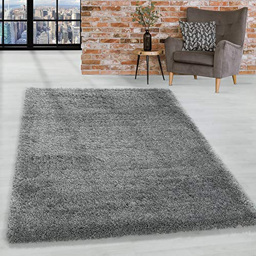 HomebyHome Teppich Wohnzimmer Hochflor Shaggy Hellgrau 80x150 cm 50 mm FlorhöheTeppich Schlafzimmer Langflor Einfarbig Design Moderne und Extra Weich