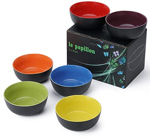 MIAMIO - 6 x 600ml Juego De Cuencos/Tazones Exterior Negro Interior De Color - Le Papillon Colección (Multicolor)