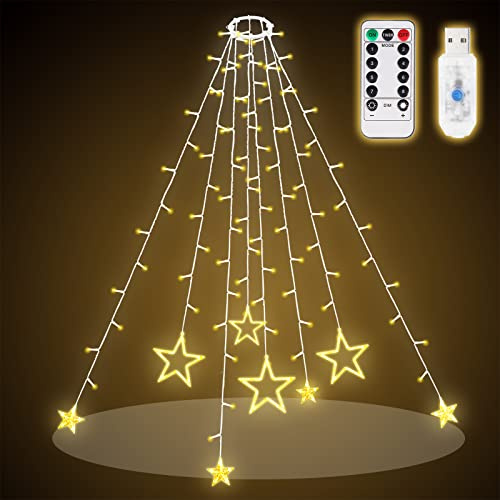 SALCAR 1,5m Christbaumbeleuchtung mit Ring, Sterne Lichterkette Weihnachtsbaum mit Fernbedienung und 9 Modi, Tannenbaum Überwurflichterkette, Warmweiß LED