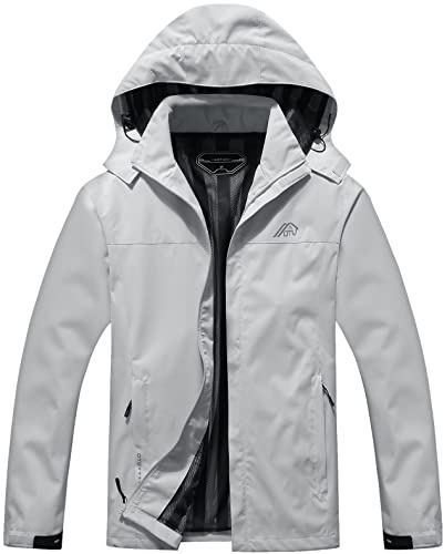 OTU Men's Lightweight Waterproof Hooded Rain Jacket Outdoor Raincoat Shell Jacket for Hiking Travel Light Grey L