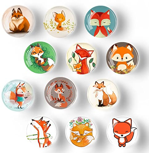 12 Stück Glas-starke magnetische Kühlschrank-Aufkleber, niedliche Fuchs-Kühlschrankmagnete, Dekoration zum Basteln, starke Kühlschrankmagnete für Küche, Schule, Whiteboard, Schrank und Geschirrspüler