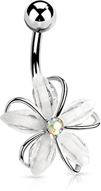 Treuheld® Bauchnabelpiercing mit Blume - Silber - Kristall Blüten Edelstahl Bauchnabel Bananen Piercing - Bananabell