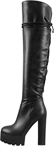Richealnana Women's Platform Block Chunky High Heels Back Lace Up Thigh High Boots Over the Knee High Boots PU Black Size8