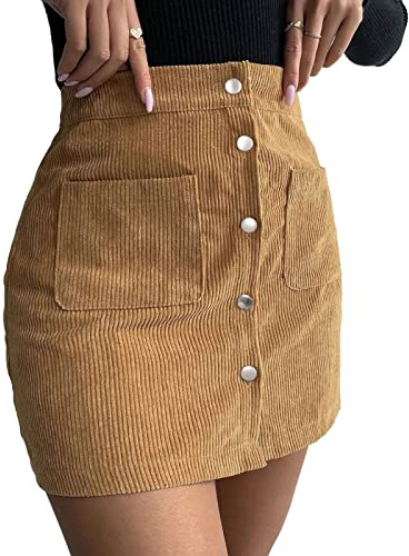 Falda de Pana para Mujer Minifalda A-Line Falda Corta Cintura Alta Estrecha Casual Falda Envolvente Falda de Ocio Falda de Fiesta Falda de Mujer con Botón Y Bolsillos Otoño Invierno(L-Jengibre)