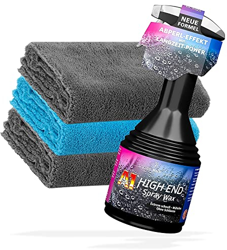 Lackreinigung- und Pflege Bundle: Dr. Wack A1 HIGH END Spray Wax 0,5L Sprühflasche + 3x detailmate Edgeless Superflausch Mikrofasertuch 550GSM