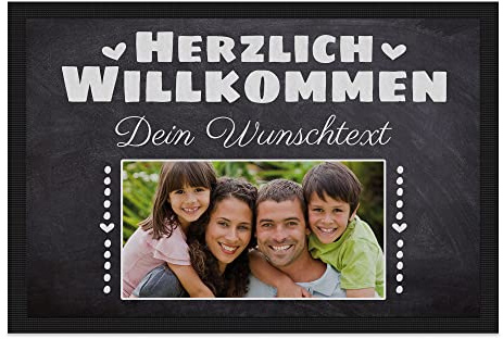 Print Royal Personalisierte Fußmatte mit Namen & Bild - Herzlich Willkommen - Geschenke zum Einzug | rutschfest, 90x60cm mit Gummirand