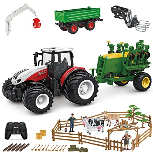fisca 45PCS Kinder RC Traktor Spielzeug Bauernhof Spielset, 2.4Ghz Fernsteuerung Bauernhof Traktor Set mit Anhänger & Förderband & Bauernhof Tiere Figuren Zäune Landwirte für Kinder Alter 3+