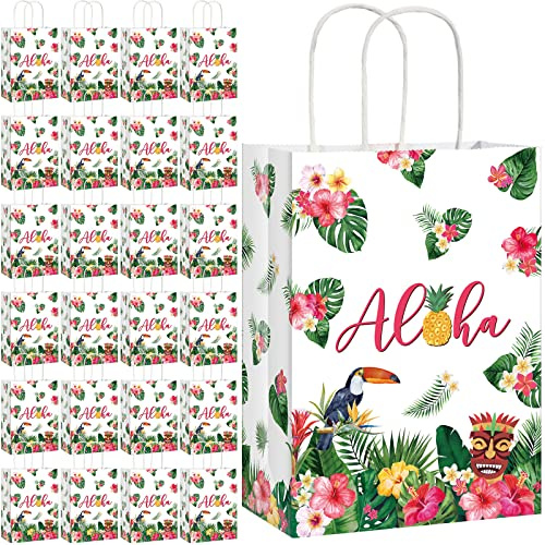 Pajean Paquete de 32 bolsas de regalo hawaianas Luau Party Summer Tropical Palm Leaf Bolsa de papel con asa para dulces de verano Tropical Aloha Festival Hawaiano Luau Fiesta Suministros Favor