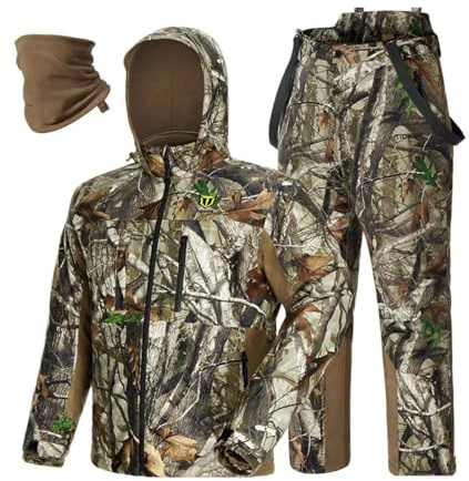 TIDEWE Hunting Clothes for Men with Face Mask, Silent Waterproof Hunting Jacket and Adjustable Bibs, Insulated-Lined, Safety Strap Compatible (Next Camo G2 Size 3XL)