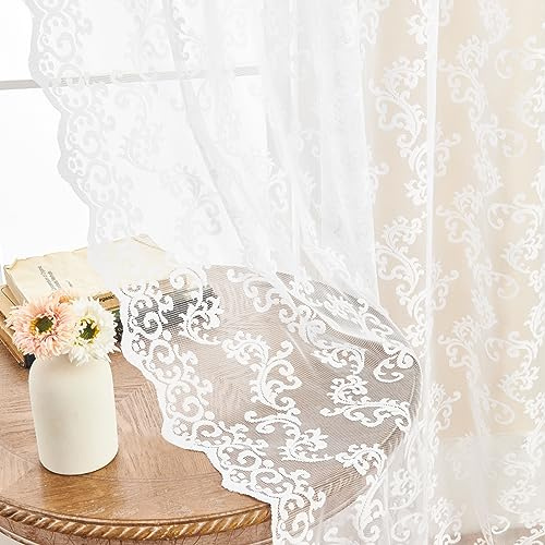 2 paneles de cortinas de encaje de cachemira vintage para salón, dormitorio, estilo victoriano, floral, bolsillo para cortinero, filtrado de luz, ventana francesa retro, 132x244 cm, blanco