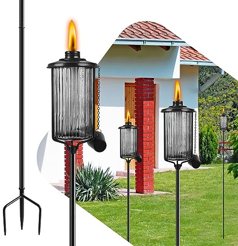 FALBAWR Citronella-Fackeln aus Glas, 473 ml, Gartenfackeln für den Außenbereich, mit 3 Zinken, geerdetem Pfahl, 152,4 cm, für den Außenbereich, schwarze Glasflamme, für Hof, Terrasse, Deck, Garten,