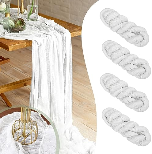 Käsetuch Tischläufer, 4 Stück Grün Weiss, 90 x 300cm Halbtransparenter Boho, Rustikaler Gaze Stoff Seihtuch Salbeigrün (Weiß)