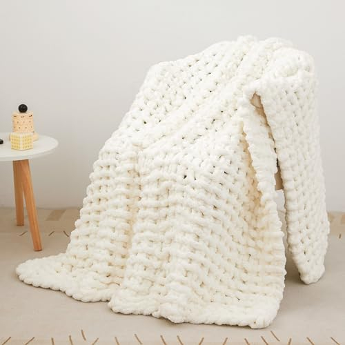 Viviland Manta de punto grueso, lujosa 100% tejida a mano, suave y acogedora para sofá, cama, silla, manta tejida gruesa con peso, 127 x 152 cm, color blanco