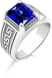 BySilverStone - Blauer Saphir-Herren-Solitärring Mit Graviertem Mäander, 925Er Silber Großer Blauer Stein-Statement-Ring Für Männer, Griechischer Ring, Ring Für Männer