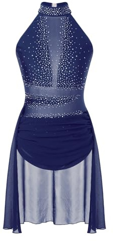 CHICTRY Women's Lyrical Dance Costume Ruched Drape Modern Contemporary Dance Dress Navy Blue S