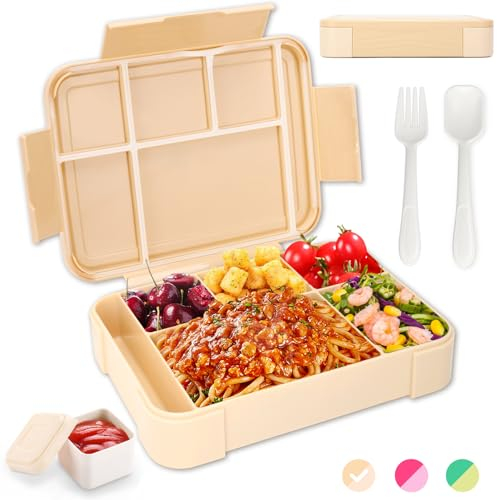 WECUTE Brotdose Kinder mit Fächern, 1330ml Jausenbox inkl. Besteck, Auslaufsicher Bento Box, Lunchbox Kinder, Vesperdose für Kindergarten & Schule,Mikrowellen (Khaki)